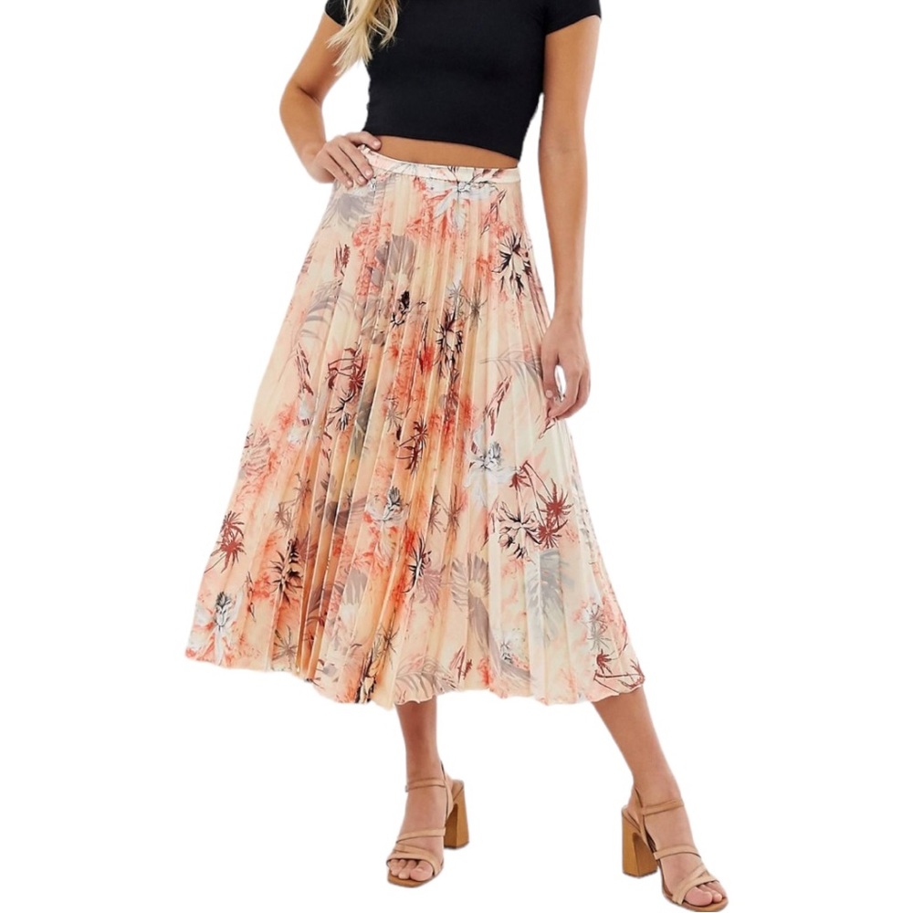 ASOS Satin Pleated Midi Skirt in Tropical Floral size 14 NWT